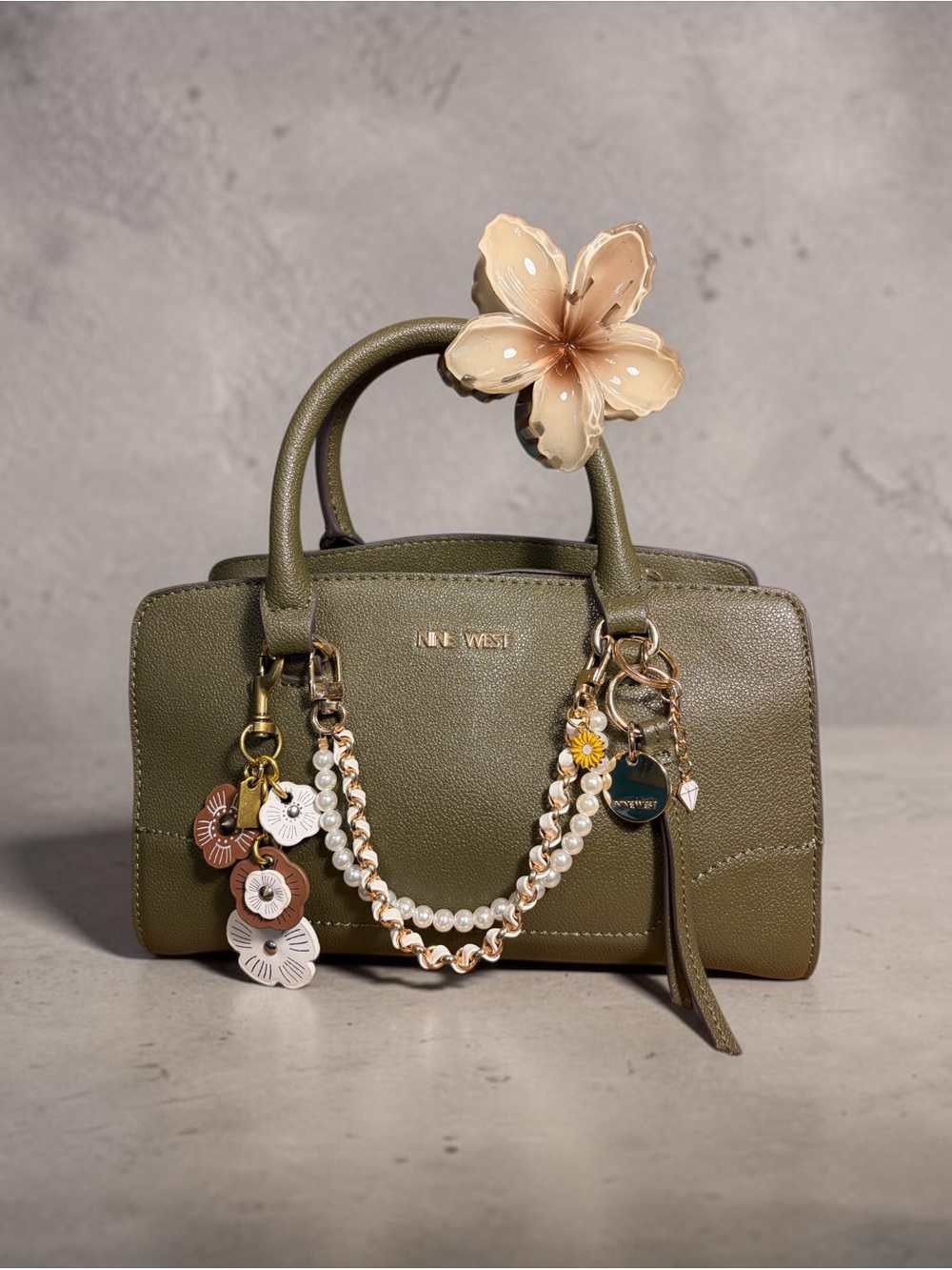 Nine West Olive Green Satchel with Pearl & Chain Charms